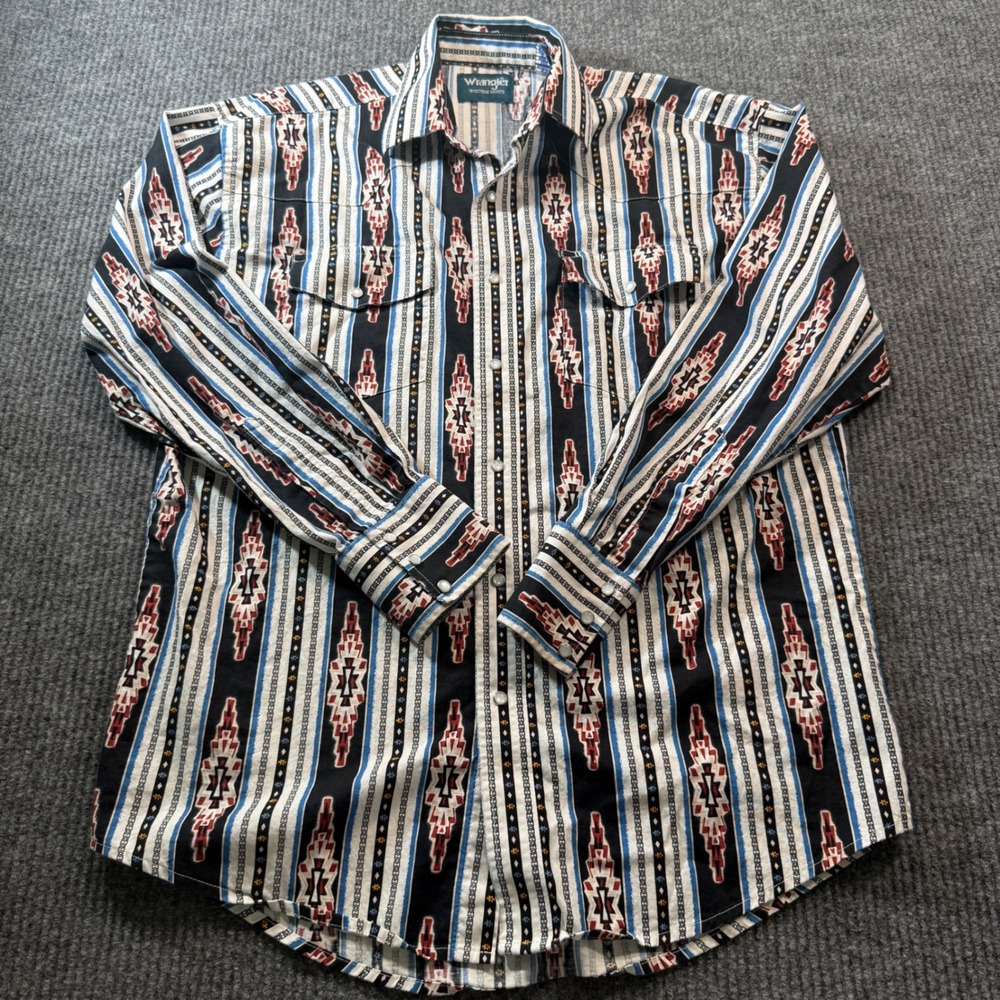 Wrangler Western Shirt Mens Medium Multicolor Aztec Stripe Pearl Snap Cotton